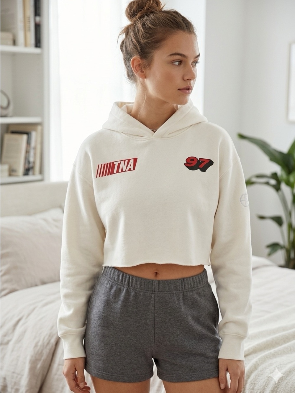 Aritzia White Cropped Hoodie Sweater with Red Graphics